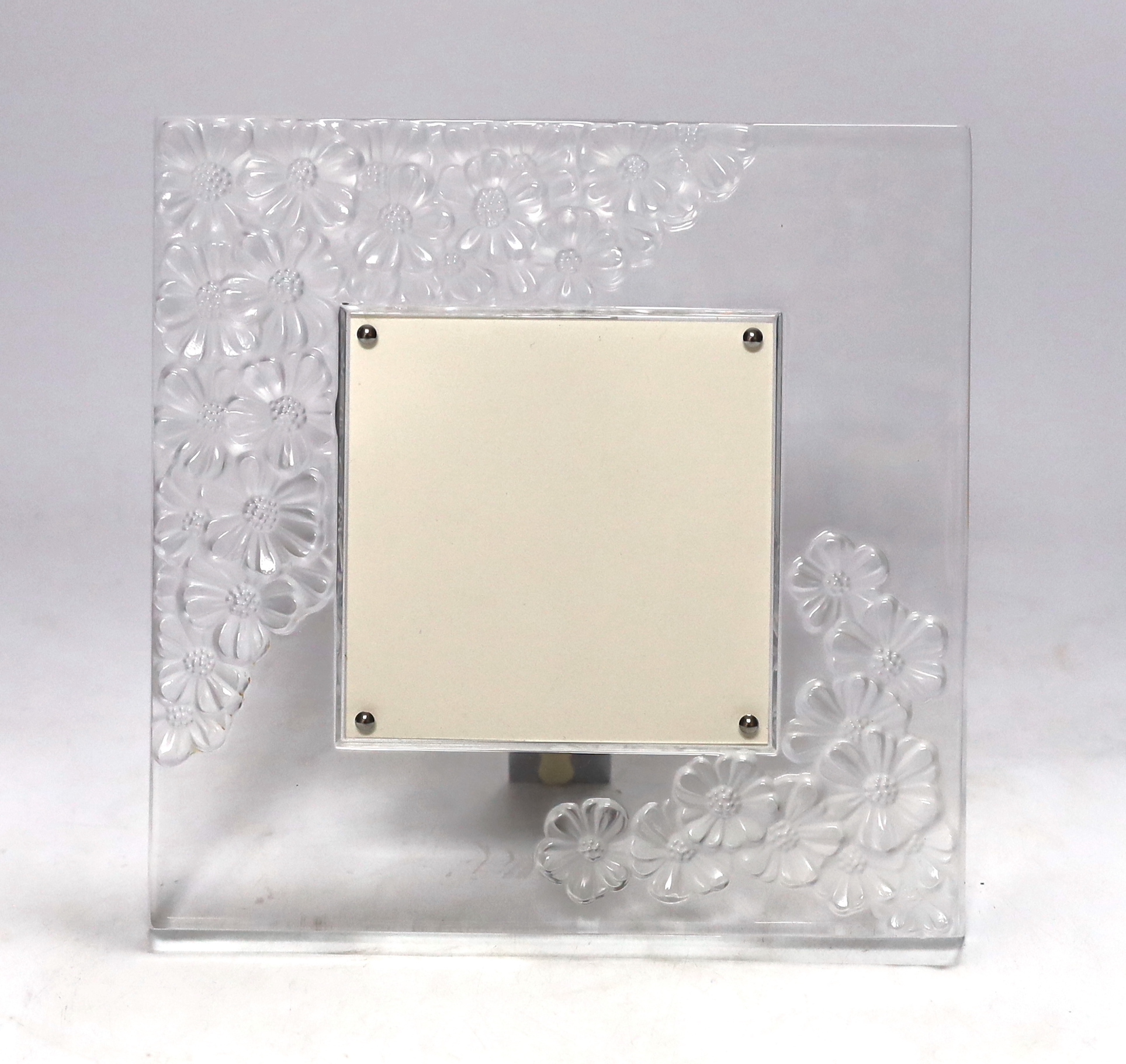 A Lalique easel floral photograph frame, signed, with box, 21cm high